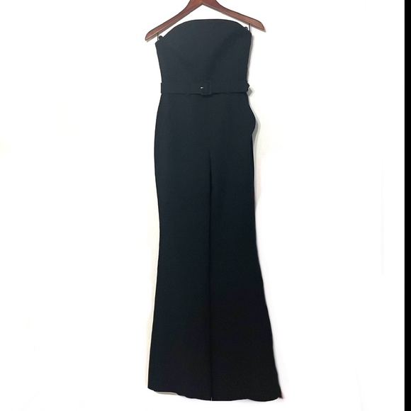 ALC Strapless Apron Front Black Tailored Belted Widish Leg Jumpsuit - Picture 4 of 16